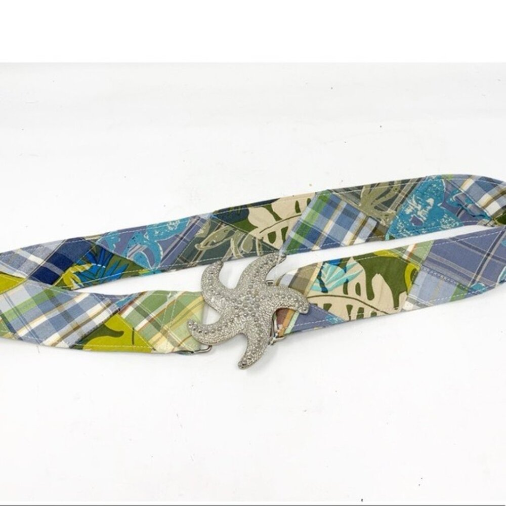 Tailor New York green madras patchwork plaid Hawaiian starfish belt buckle